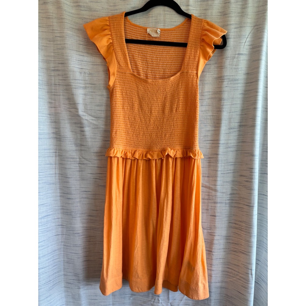Nation LTD Orange Smocked Mini Dress Flutter Sleeve Pima Cotton Ruffle Womens M